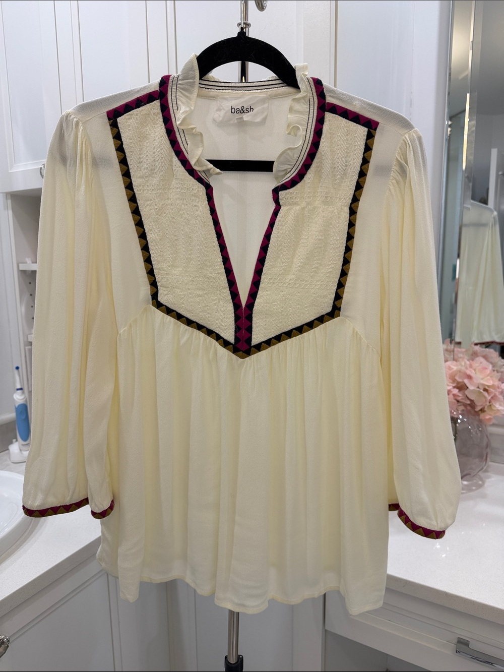 ba&sh Cream Peasant Blouse with Pink and Black Trim